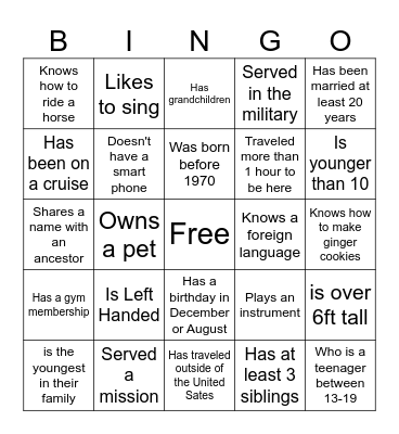 Thomas Family Bingo Card