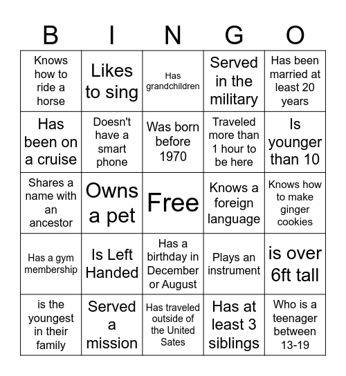 Thomas Family Bingo Card