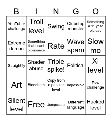 Geometry dash recent tab Bingo Card
