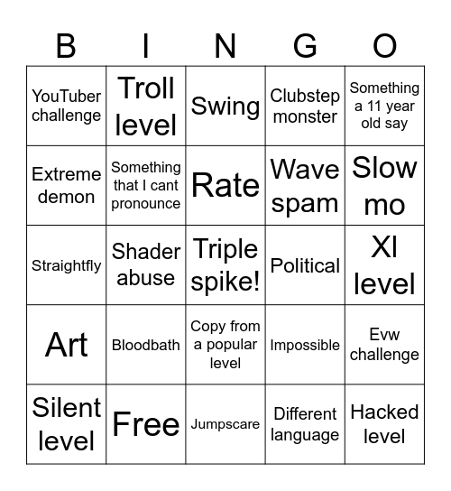 Geometry dash recent tab Bingo Card