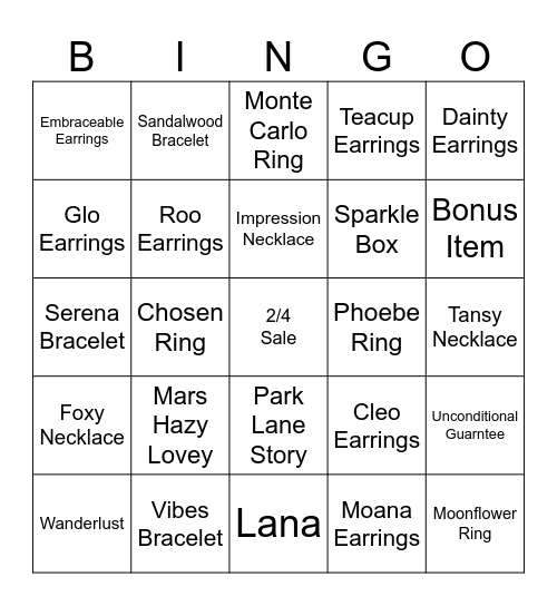 Park Lane Blingo Bingo Card