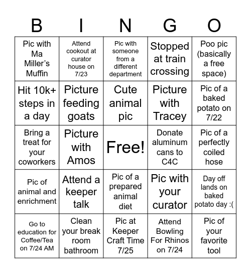 ZOOKEEPER WEEK BINGO Card