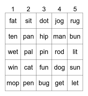 Roll and Read Bingo Card