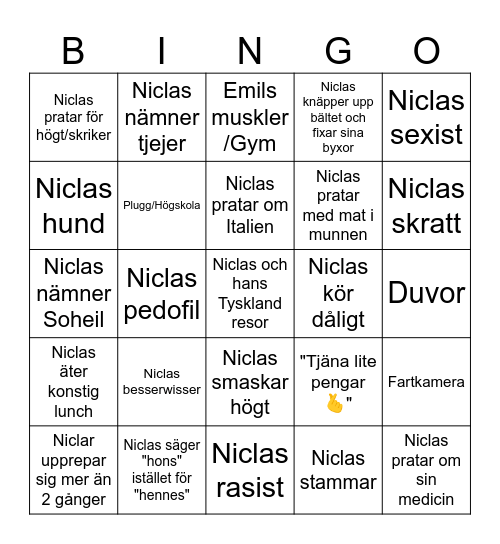 Niclas One liners Bingo Card