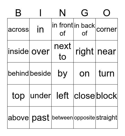 Directions & Prepositions of Place Bingo Card