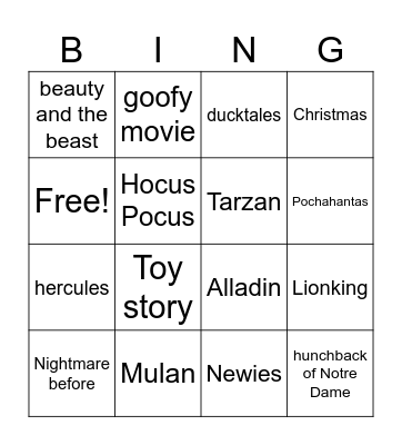 90s Disney Bingo Card