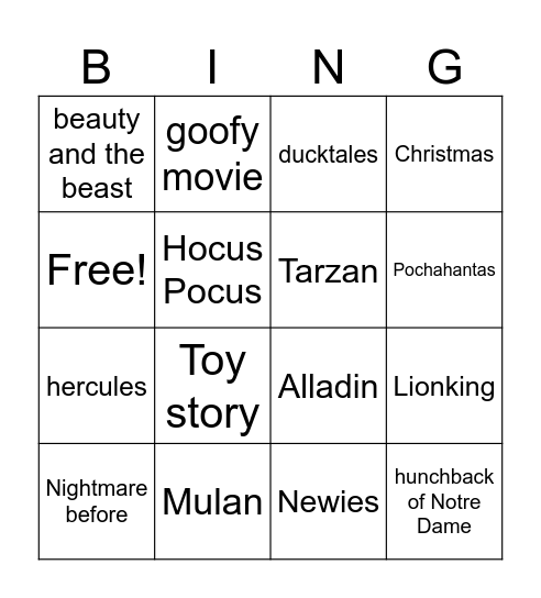 90s Disney Bingo Card