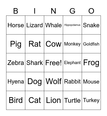 Animals Bingo Card