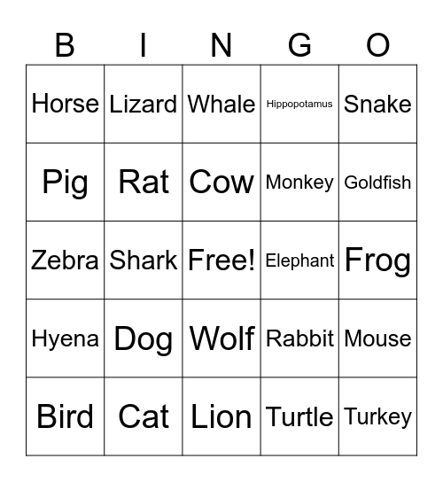 Animals Bingo Card