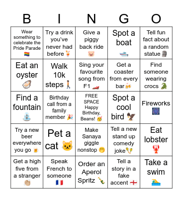 Andrew’s Birthday Bingo Card