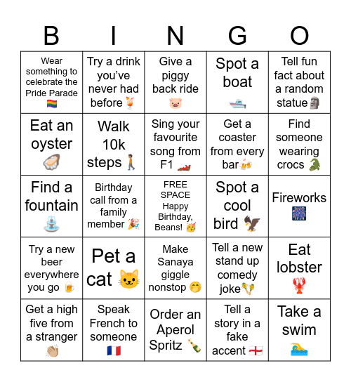 Andrew’s Birthday Bingo Card