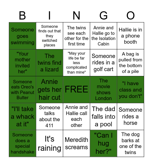 The Parent Trap Bingo Card