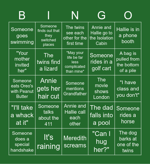 The Parent Trap Bingo Card