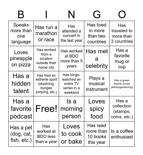 Fun Fact Bingo Card