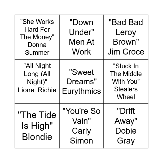 70's & 80's Bingo Card