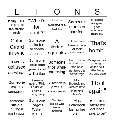 Pride of Lions Band Camp Bingo 2025!!!! Bingo Card