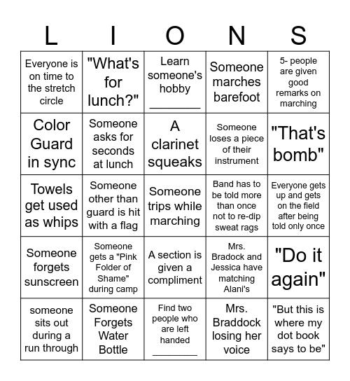 Pride of Lions Band Camp Bingo 2025!!!! Bingo Card