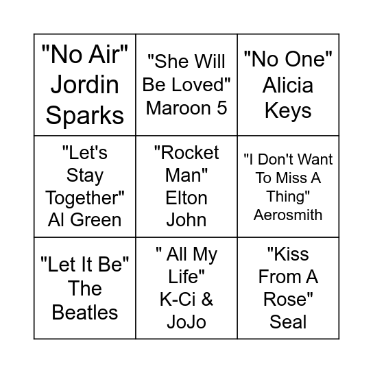 Slow Songs Bingo Card