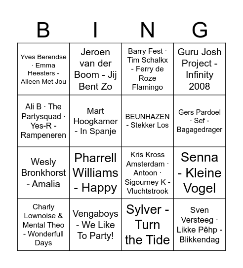 muziek Quiz - 90+ Bingo Card