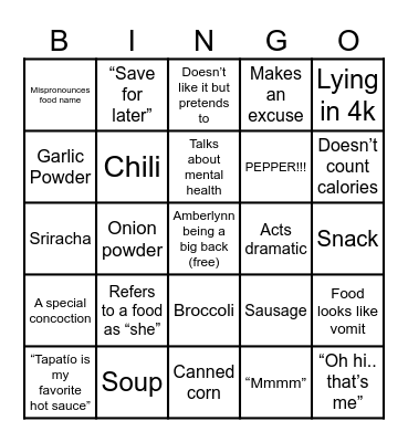 Amberlynn Cooking Bingo Card