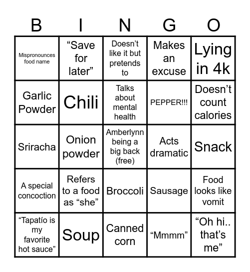 Amberlynn Cooking Bingo Card