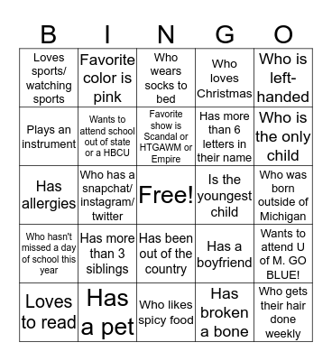 NGG Bingo Card