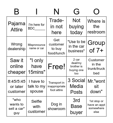 Showroom Bingo Card