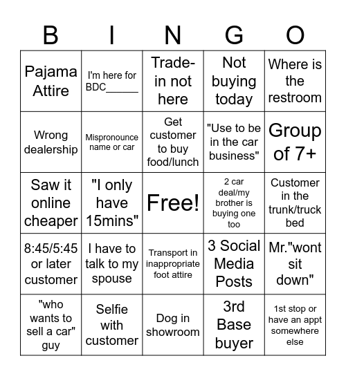 Showroom Bingo Card
