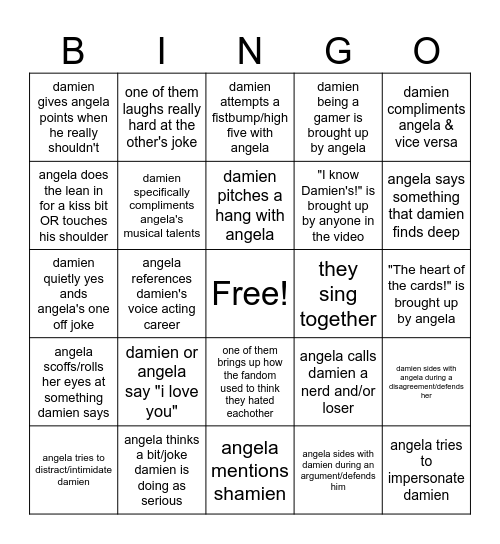 Damien and Angela are in a video together... Bingo Card