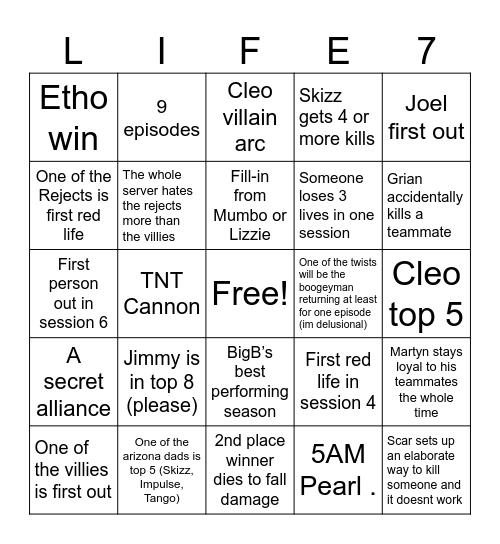 Past Life Bingo Card
