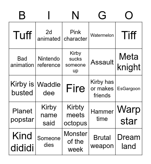 Kirby Bingo Card