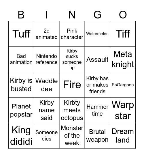 Kirby Bingo Card