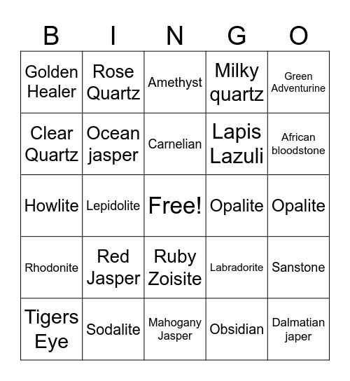 Crystal Bingo Card