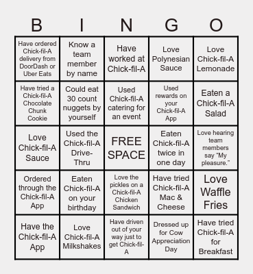 Chick-fil-A Bingo Card