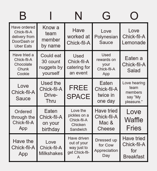 Chick-fil-A Bingo Card