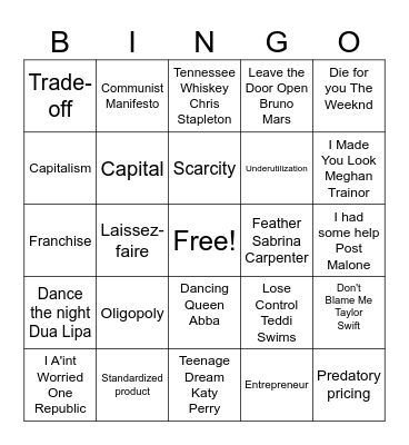 Economic/Musical Bingo Card