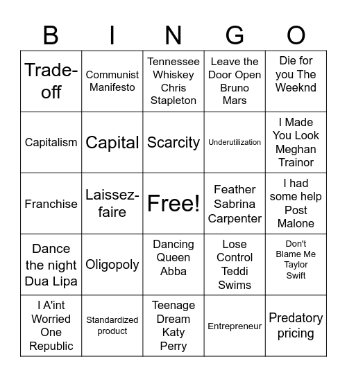 Economic/Musical Bingo Card
