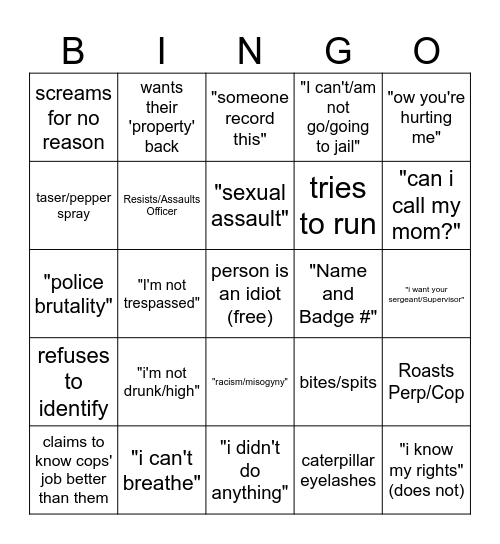 Datsu's Body Cam Bingo Card