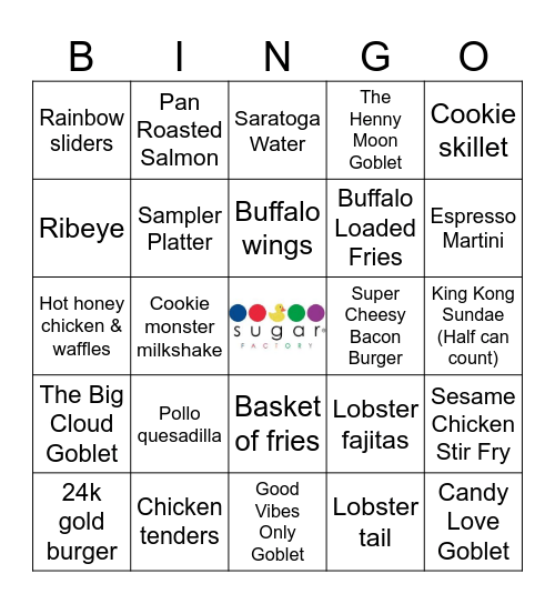 Sugar Factory Bingo Card