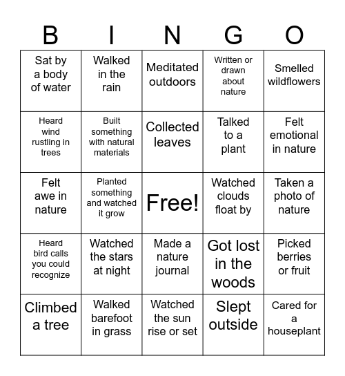 Eco-Therapy Bingo Card