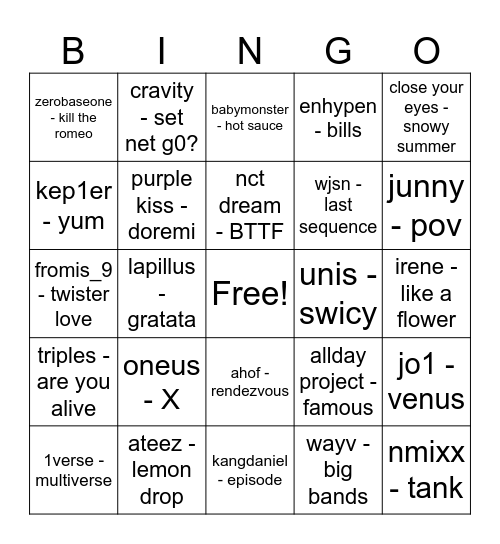 random songs! Bingo Card
