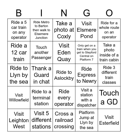 SCR Passenger Challenge Bingo Card
