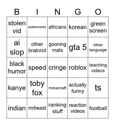 yt shorts Bingo Card
