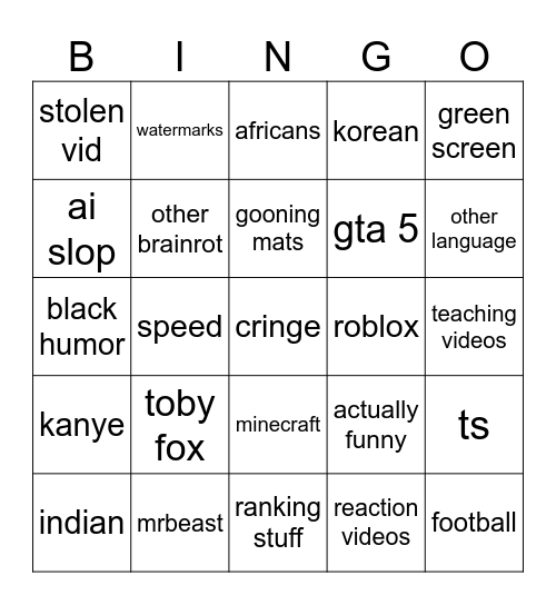 yt shorts Bingo Card
