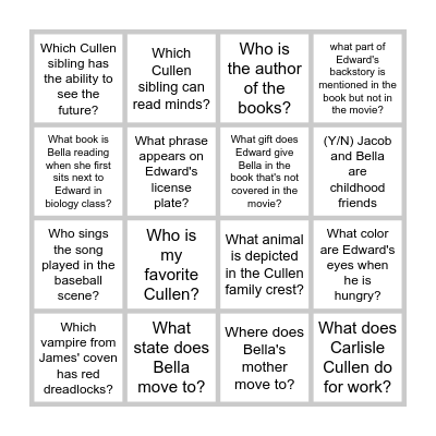 Twilight Bingo Card
