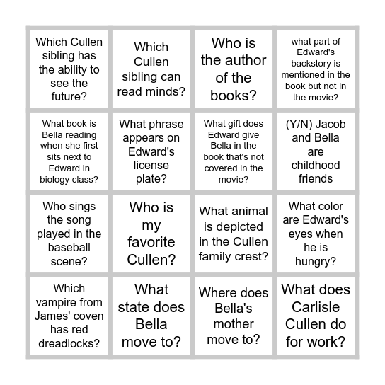 Twilight Bingo Card