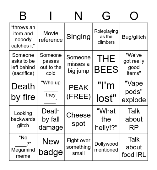 theLGX and friends PEAK Bingo Card