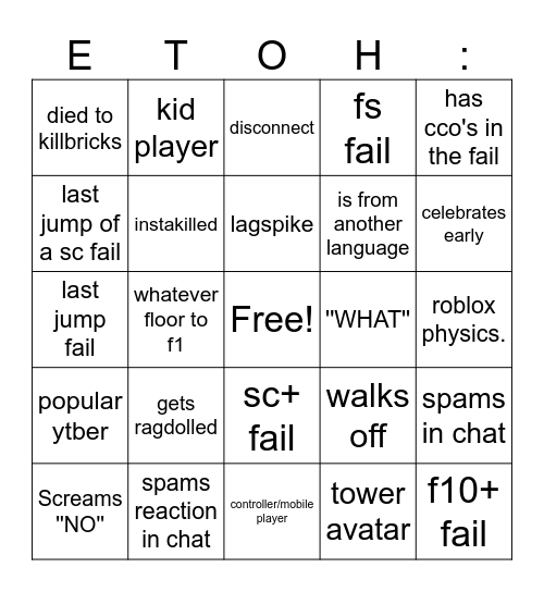 dah etoh fails bingo Card