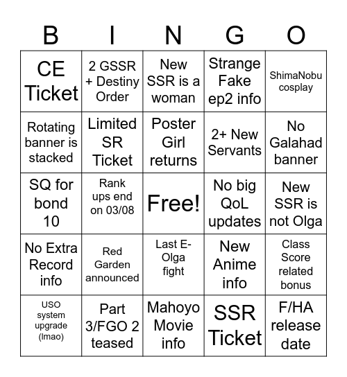 FGO 10th Anniversary Bingo Card
