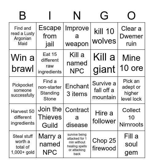 skyrim ironman bingo challenge in under an hour Bingo Card